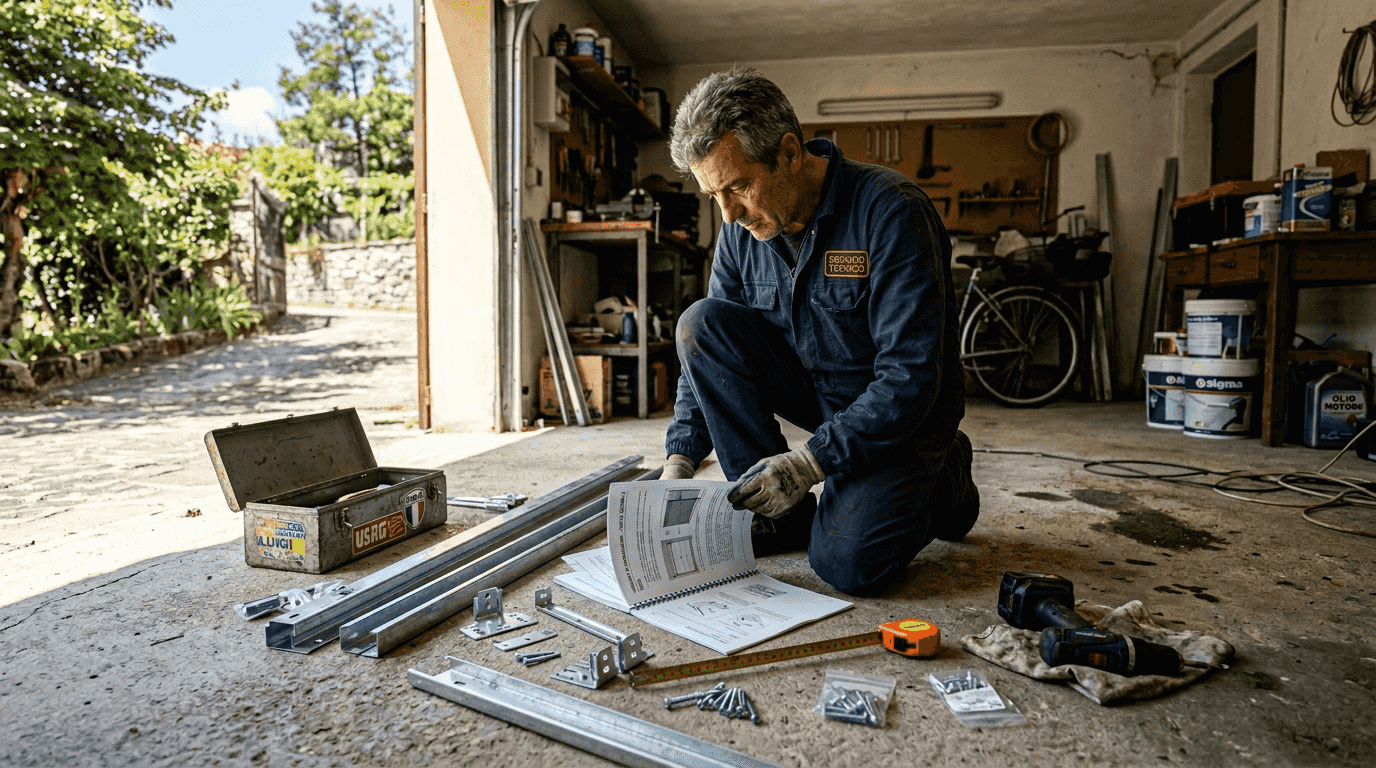 Un tecnico si occupa dei preparativi in garage per l’installazione della nuova porta.