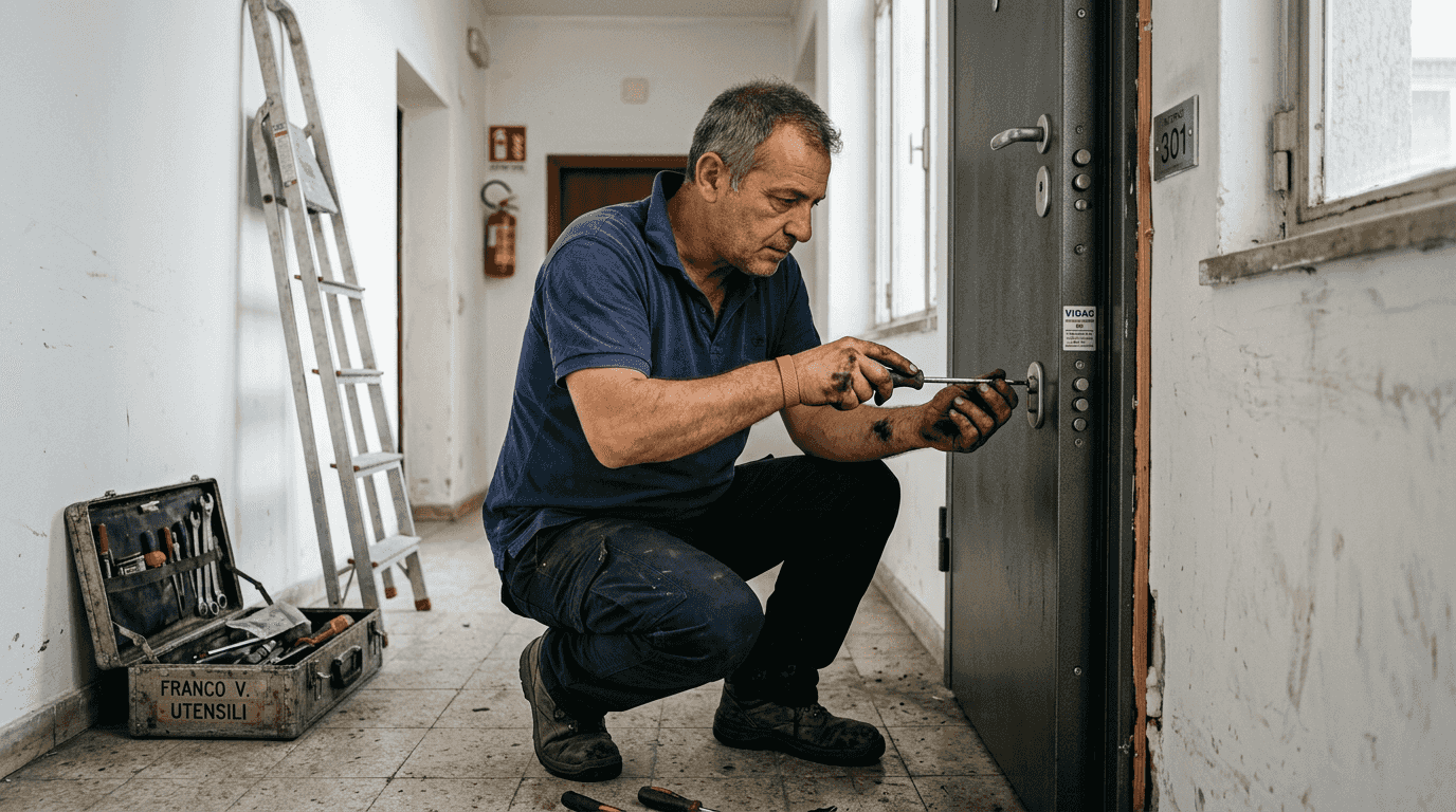Un tecnico specializzato si occupa del montaggio di una porta blindata all’interno di un appartamento.