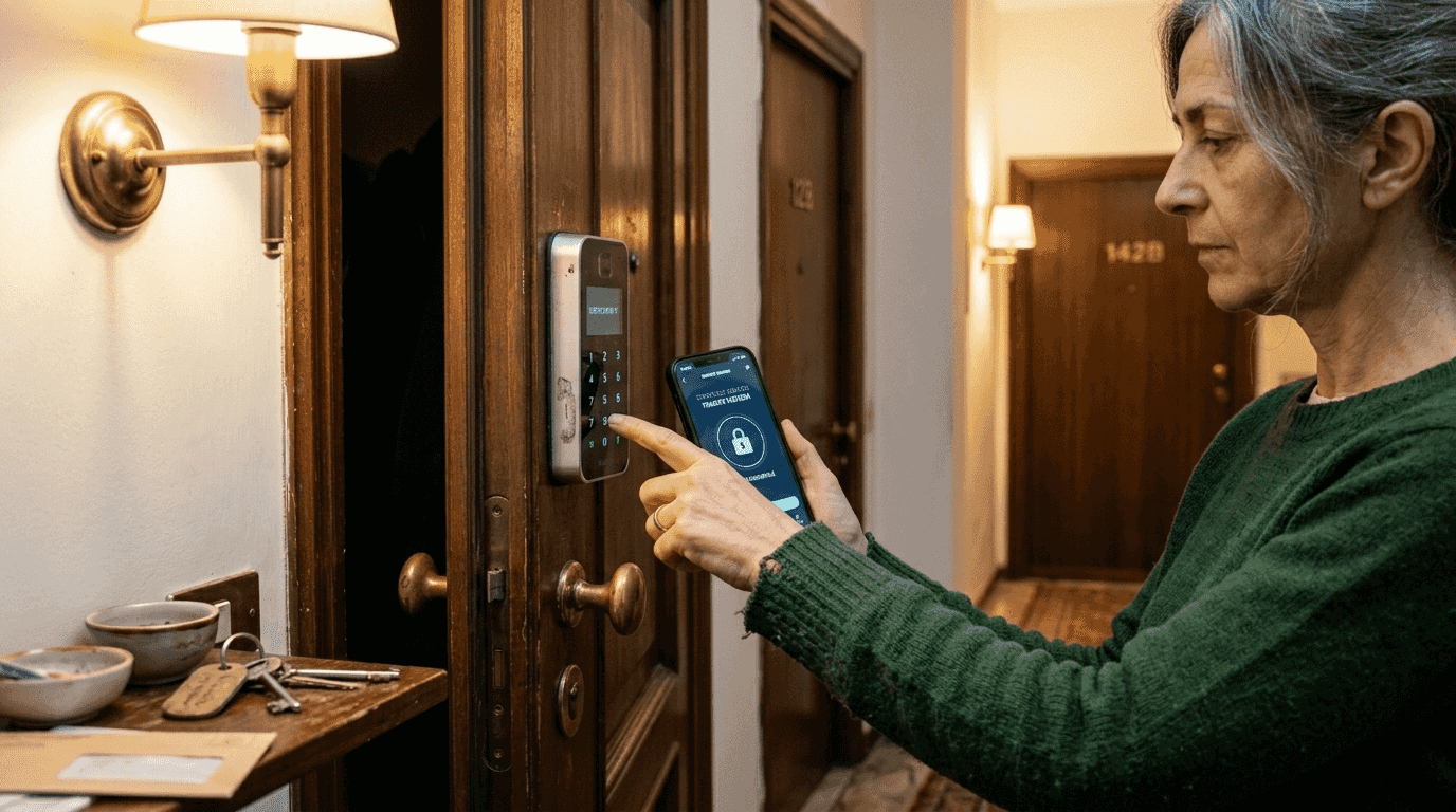 Una donna apre la porta blindata di casa utilizzando una serratura smart.