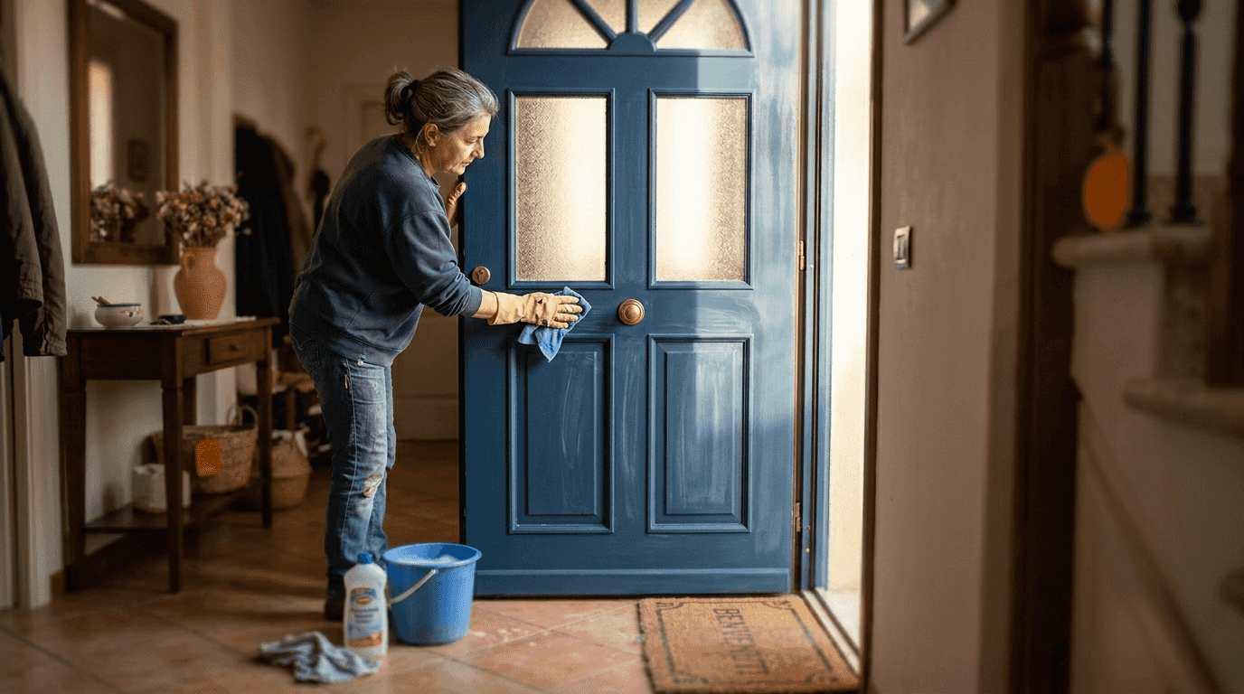 Una donna si dedica a pulire e lucidare la porta d’ingresso di casa, per renderla brillante e accogliente.