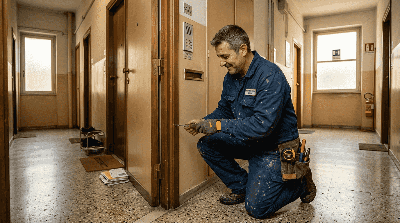 Un tecnico sta effettuando la manutenzione annuale delle porte nel corridoio.