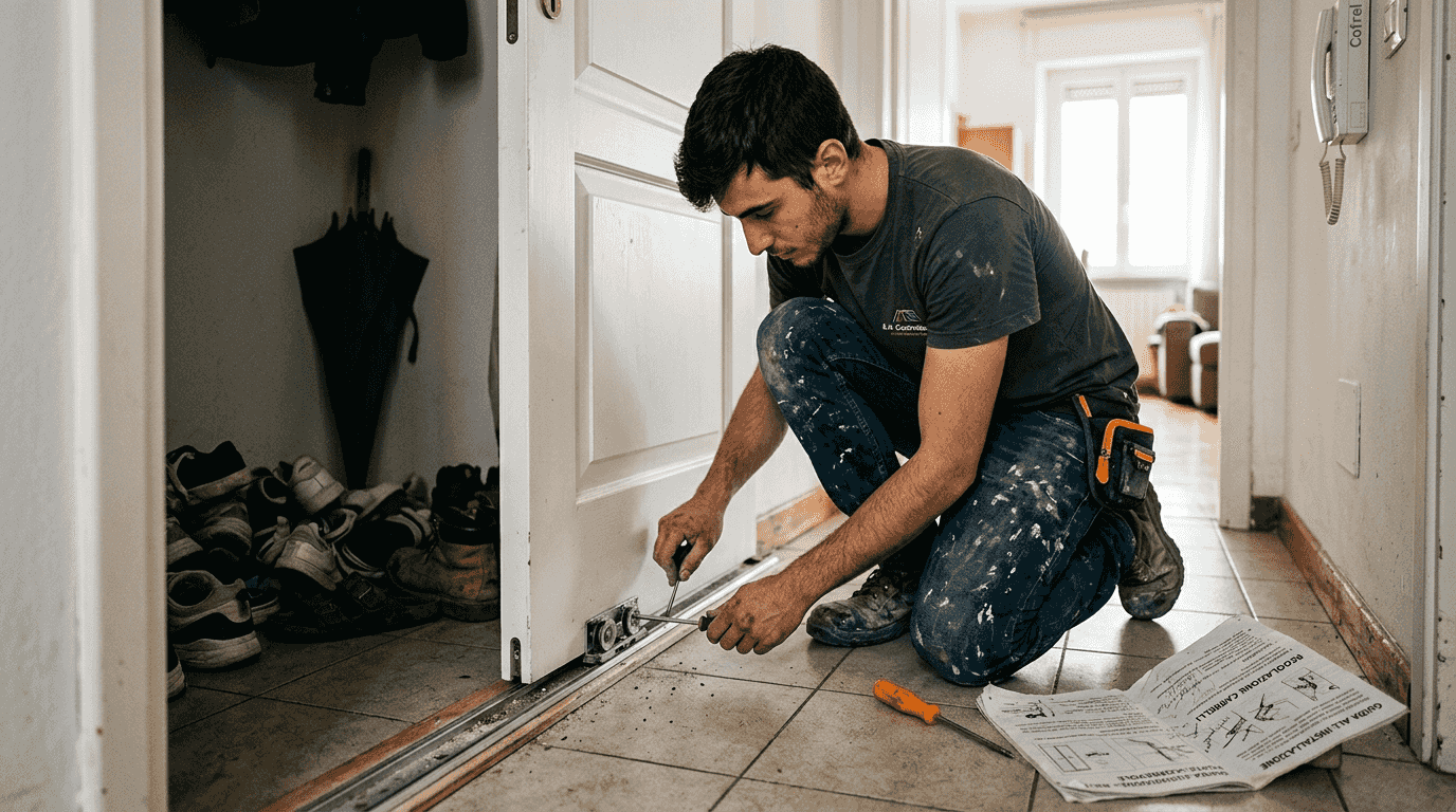 Tecnico alle prese con la regolazione del meccanismo di una porta scorrevole interna