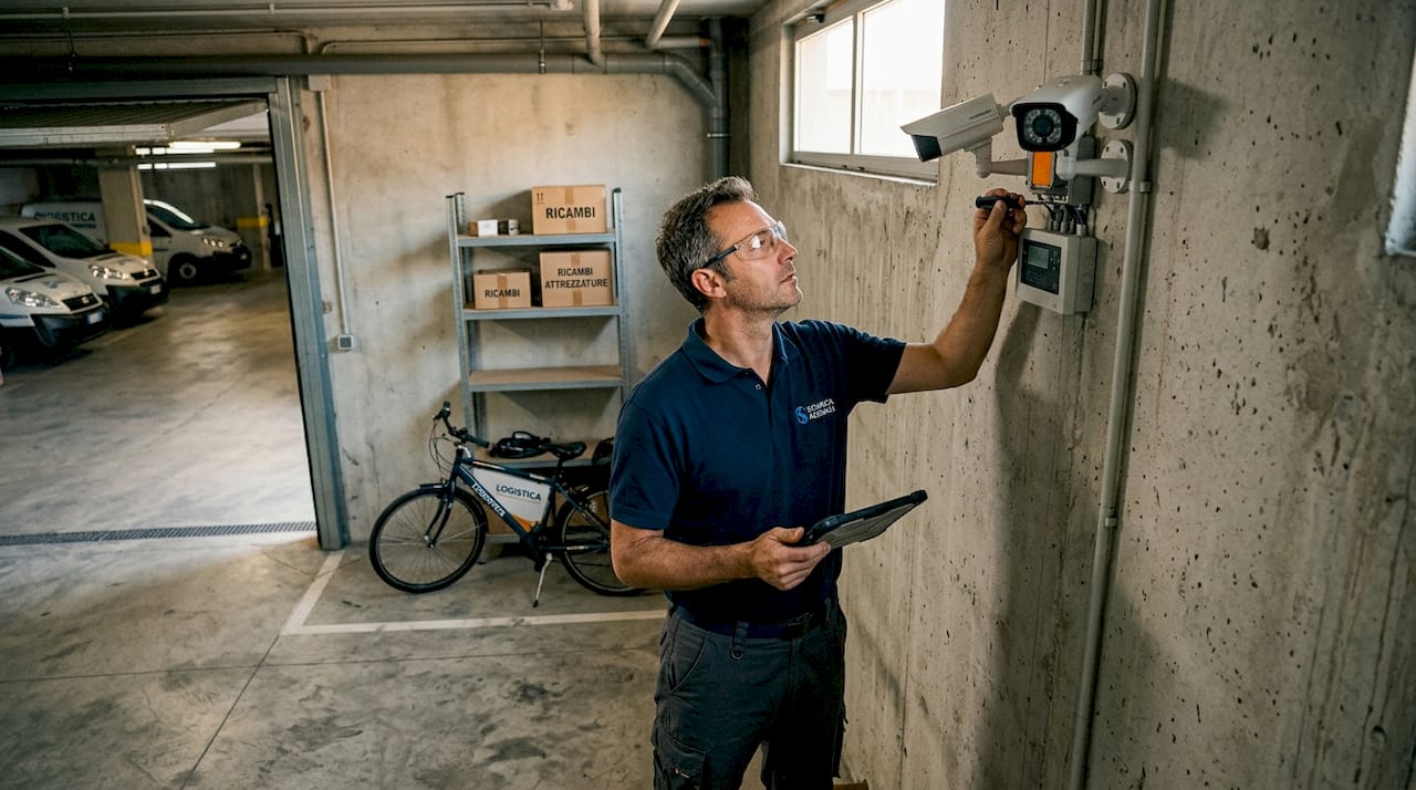 Un tecnico sta effettuando un controllo sull’impianto di sicurezza del garage aziendale.