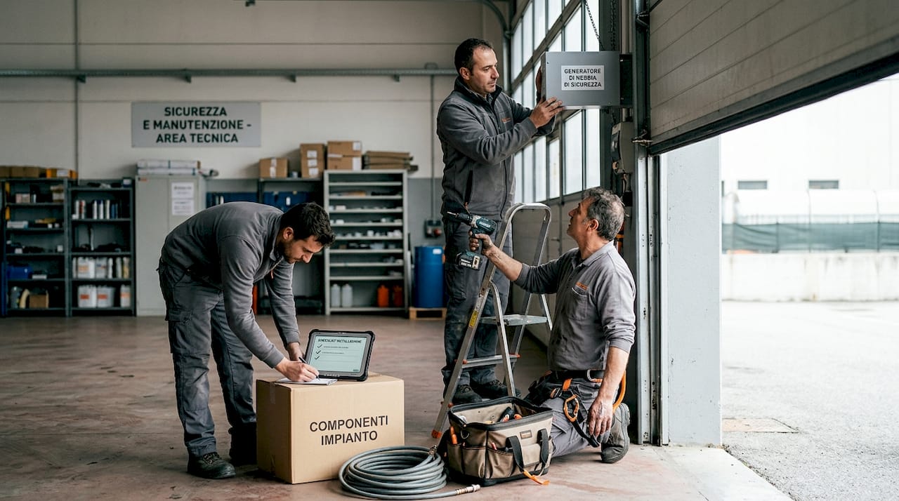 Una squadra di tecnici ha appena installato un sistema nebbiogeno all’interno del garage aziendale.