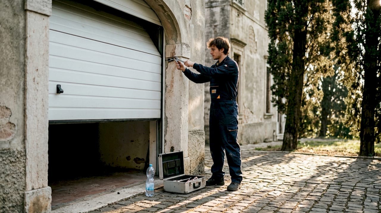 Un tecnico sta effettuando la regolazione del portone sezionale in una villa alle porte di Verona.