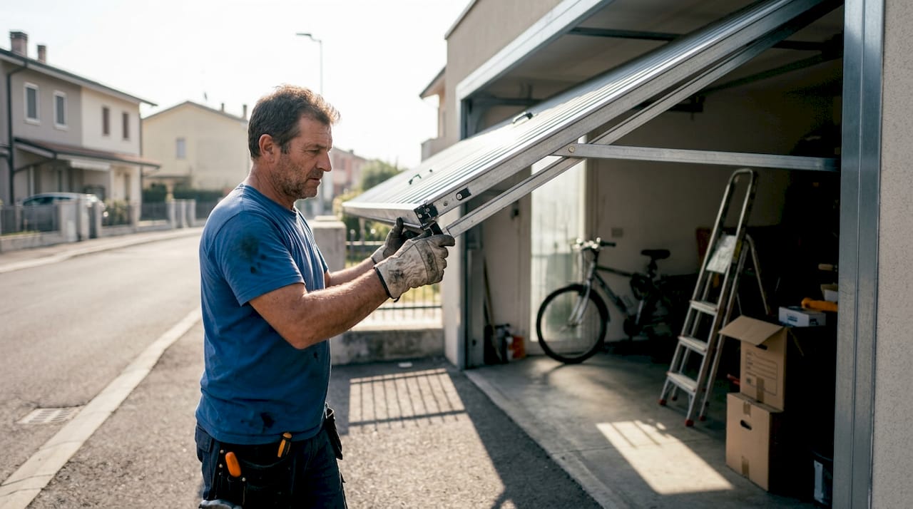 Un tecnico specializzato si occupa dell’installazione di una porta sezionale per garage in una casa privata.