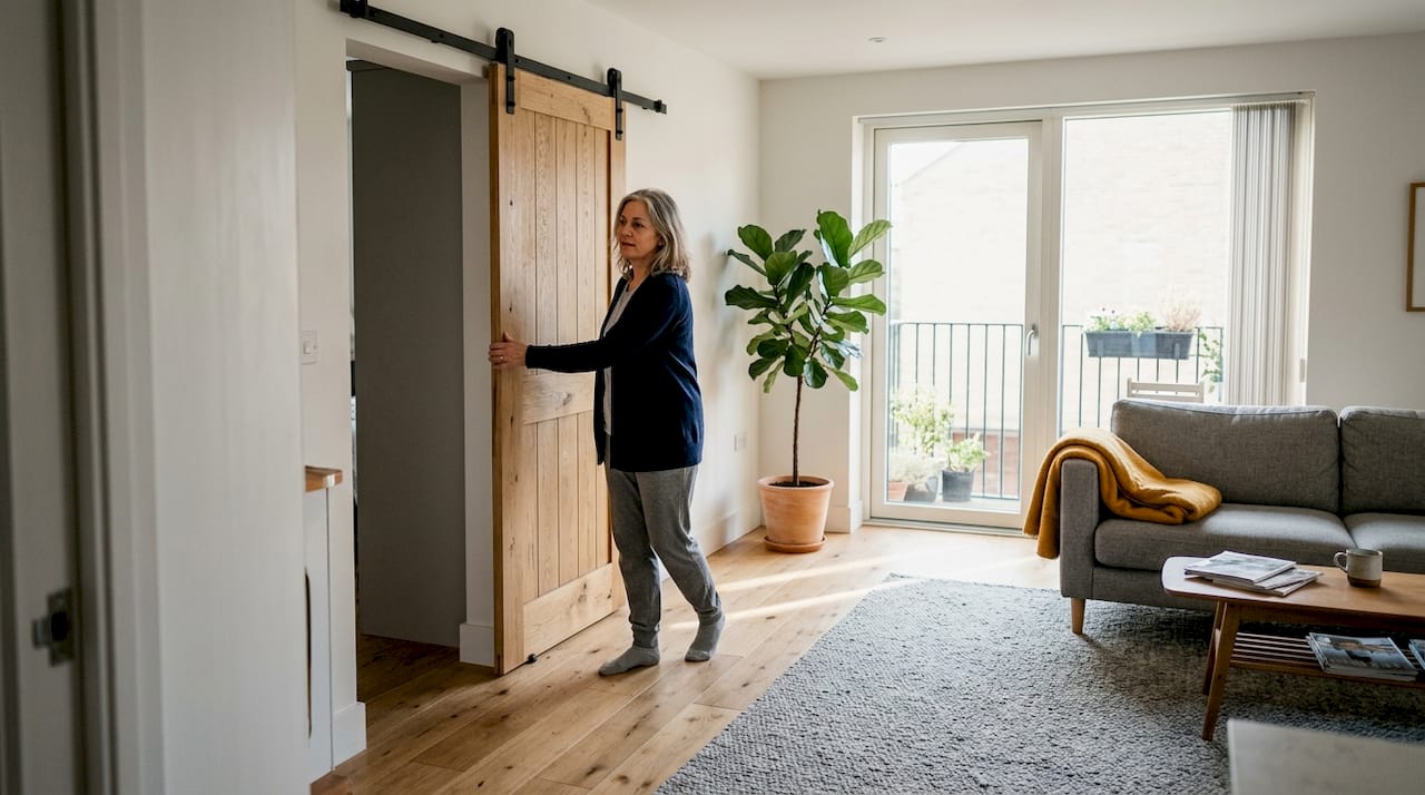 Una donna spalanca la porta scorrevole del soggiorno moderno