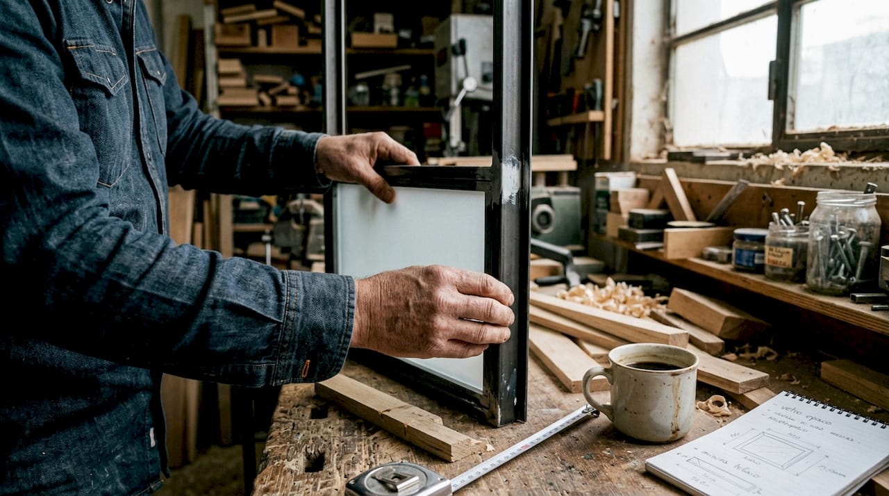 Due mani stanno montando una porta scorrevole realizzata con materiali diversi.