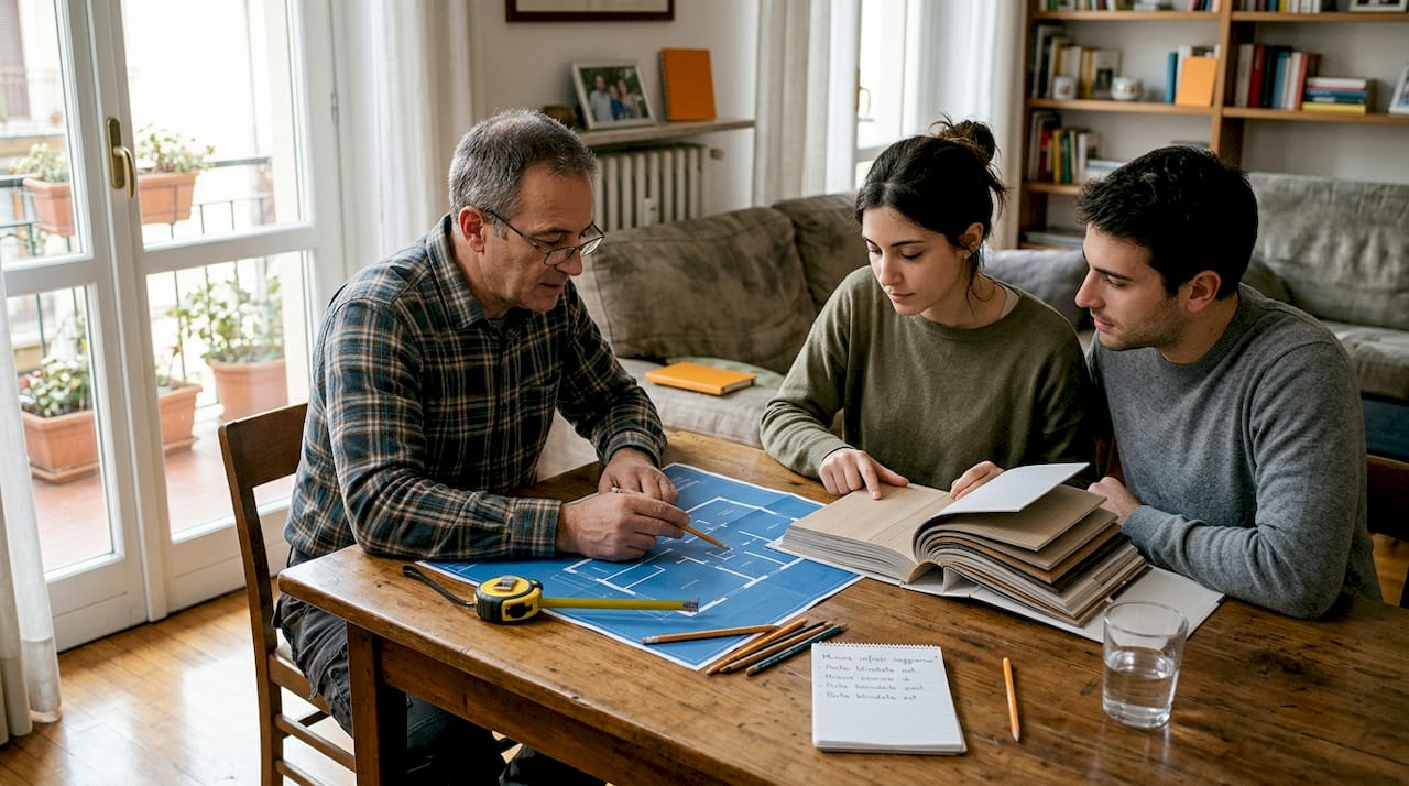 Il serramentista incontra la coppia per discutere insieme il preventivo relativo alle porte.
