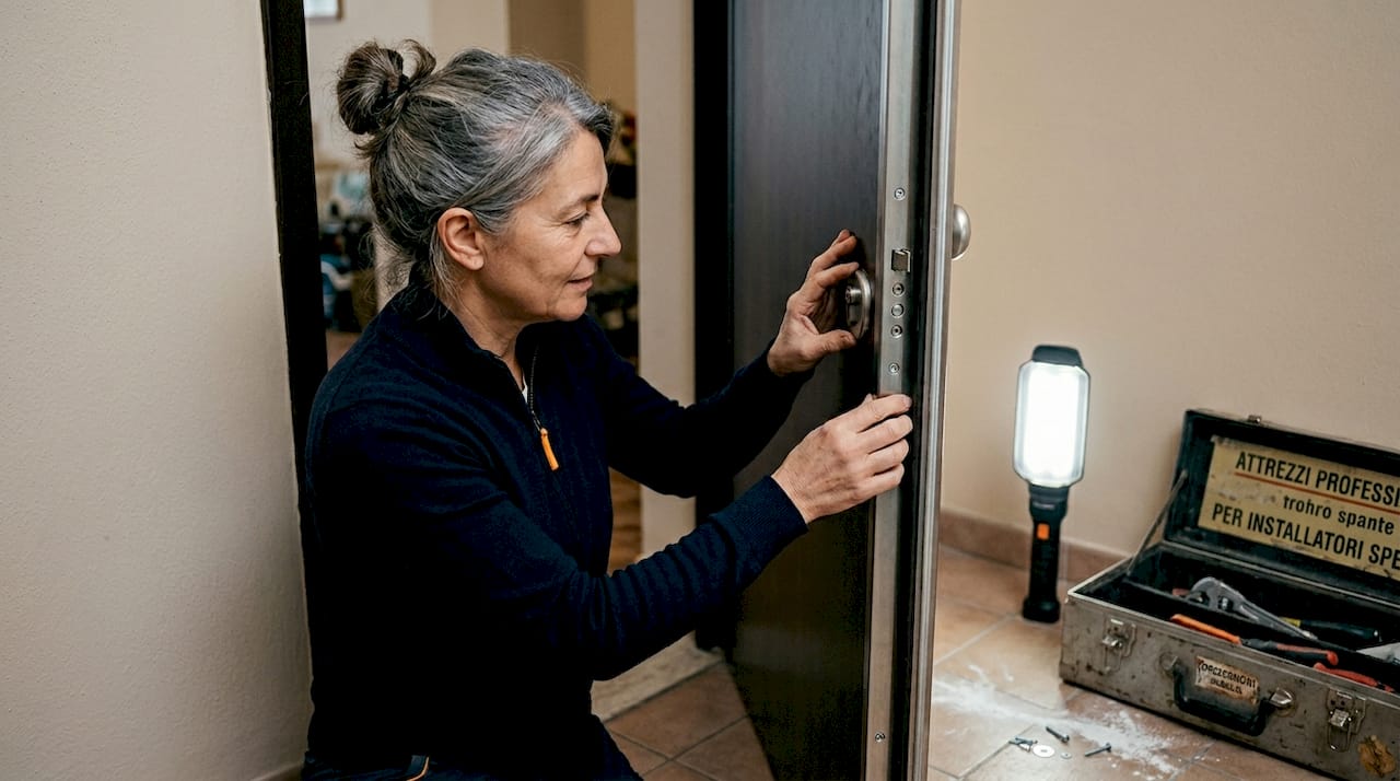 Una donna scruta attentamente la porta blindata, soffermandosi sulla serratura.