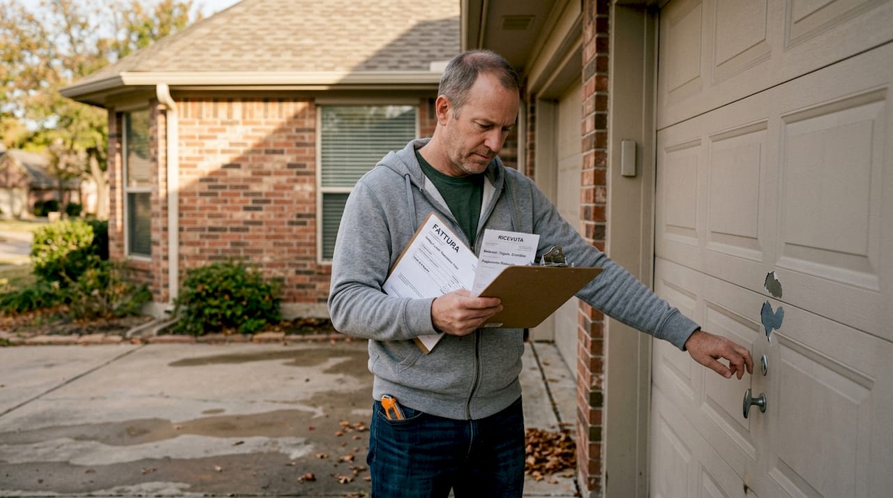 Il proprietario di casa sta controllando i documenti relativi alla porta del garage.