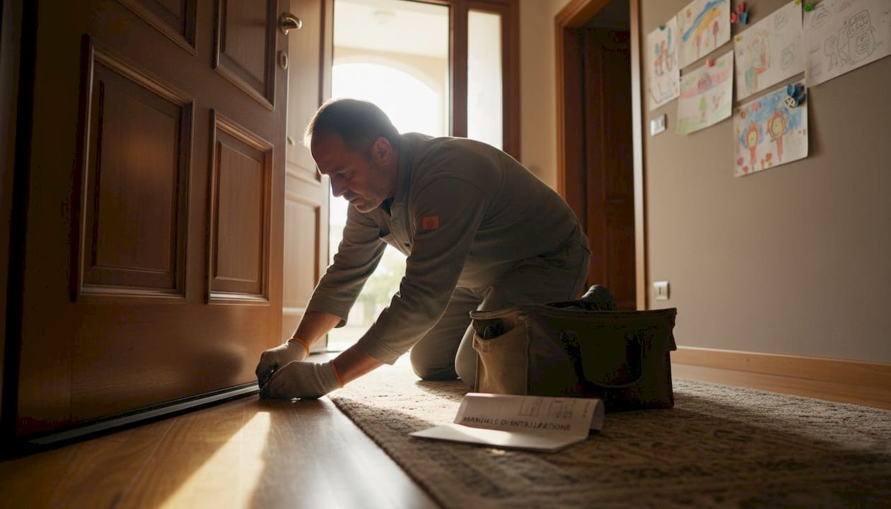 Uomo che controlla la guarnizione di una porta interna