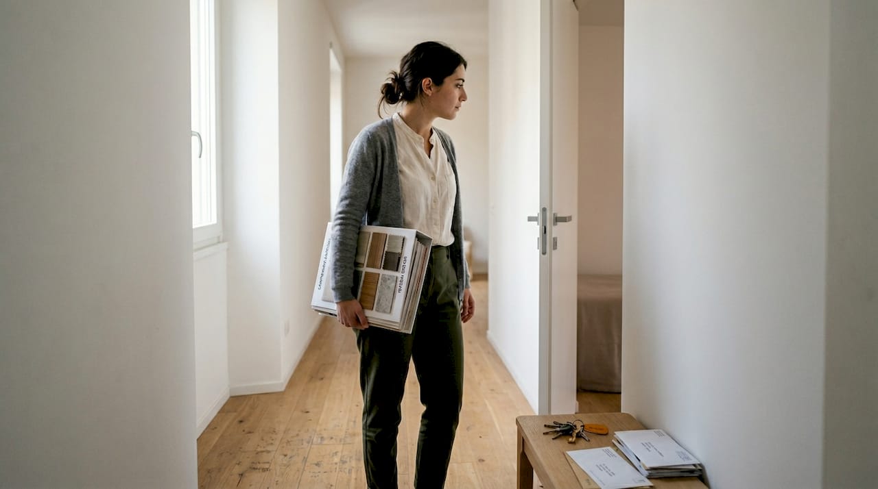 Una donna si sofferma ad ammirare una porta bianca filomuro nel corridoio.