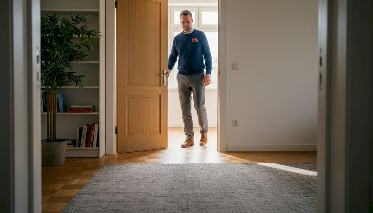 Un uomo sta aprendo una porta all’interno di un soggiorno pieno di luce.
