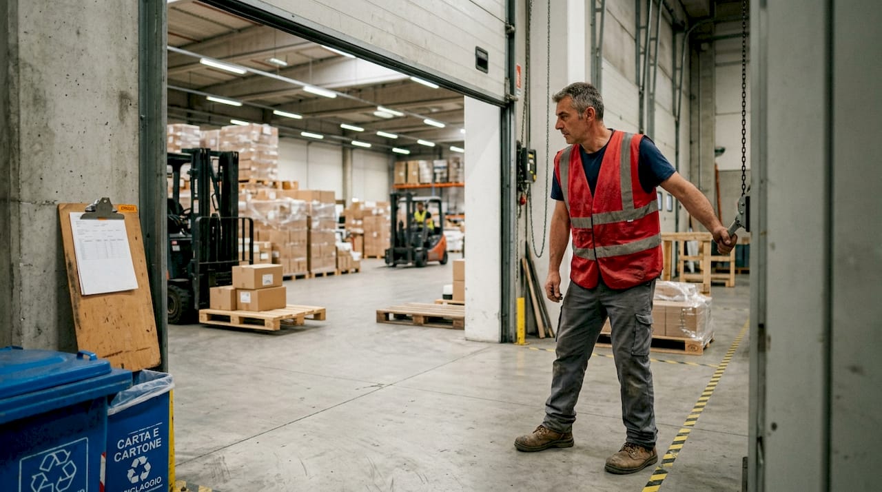 Magazziniere alle prese con l’apertura di un portone sezionale