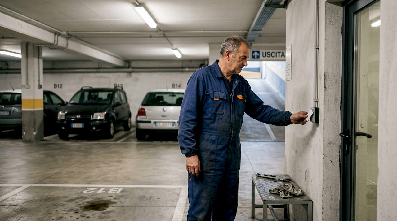 Tecnico che apre l’accesso al garage condominiale protetto