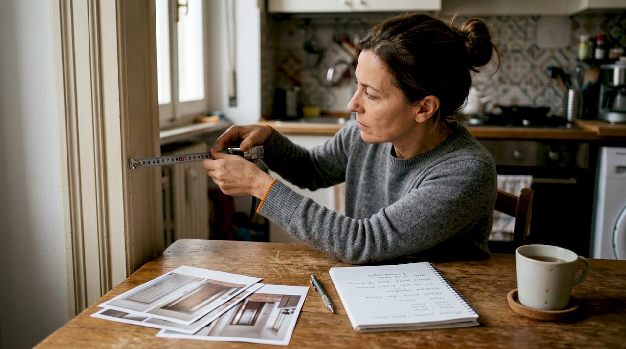 Una donna prende le misure della porta interna in cucina e le annota su un taccuino.
