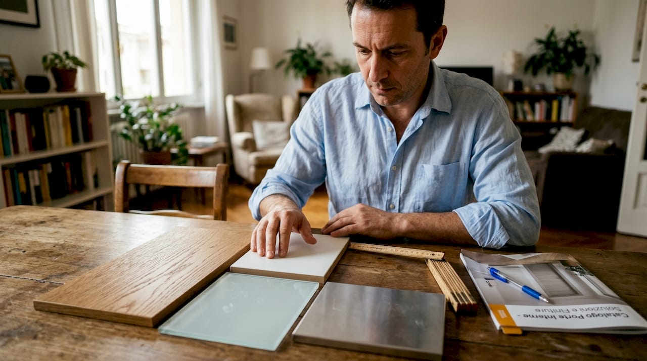Un uomo esamina diversi campioni di materiali per porte interne.