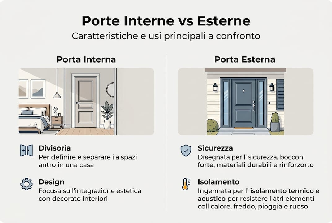 Scopri con questa infografica tutte le principali differenze tra porte da interno e da esterno: materiali, funzionalità e consigli per scegliere quella più adatta alle tue esigenze.