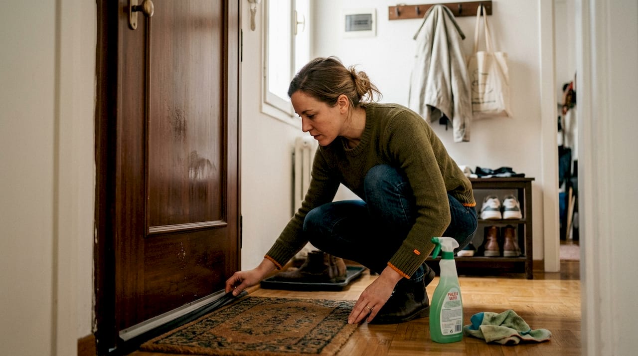 Una donna controlla la guarnizione della porta d’ingresso di casa