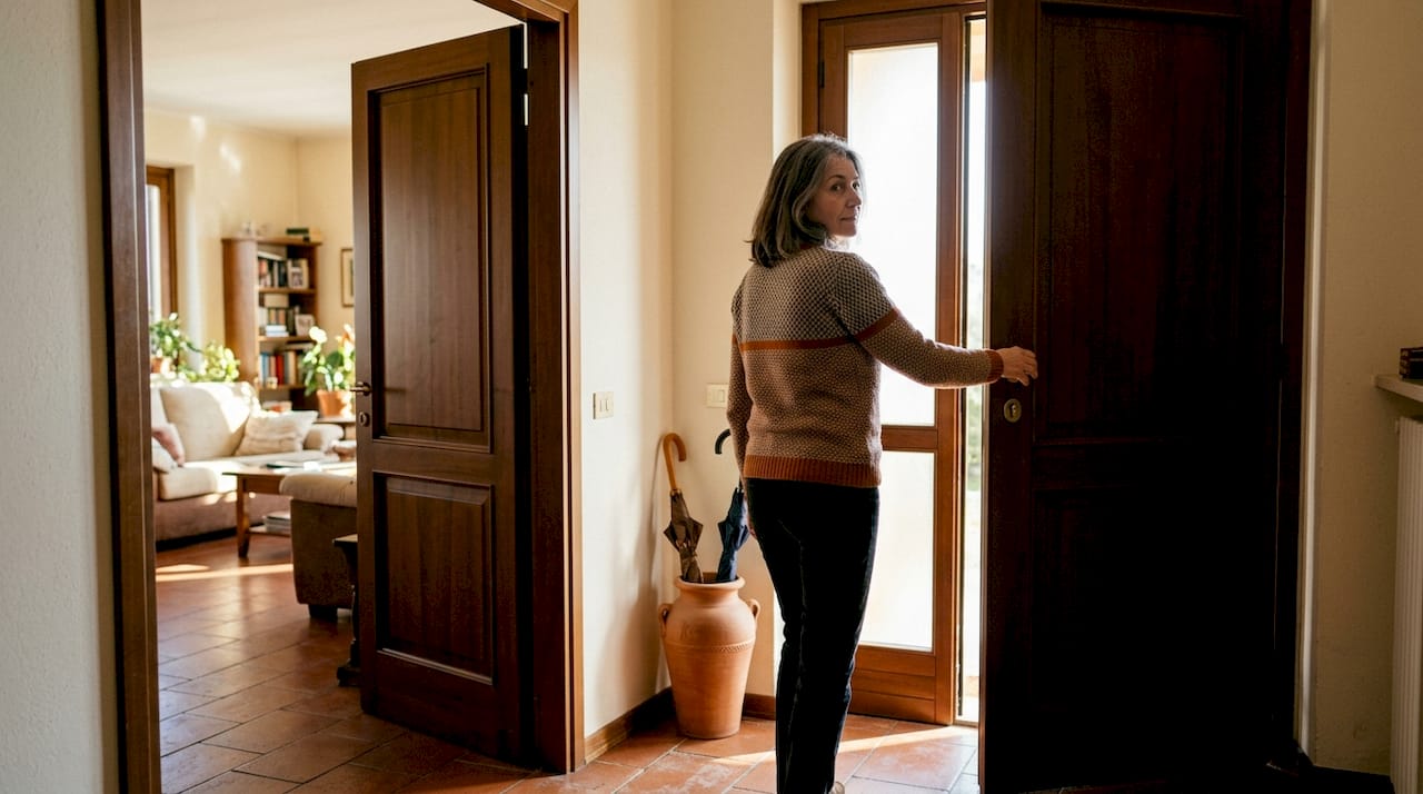 Un proprietario di casa che apre la porta d’ingresso vicino a una porta interna