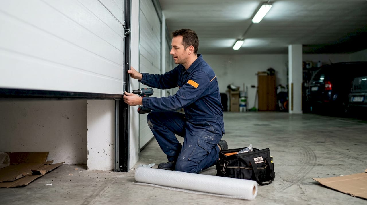 Un esperto sta montando una porta sezionale in un garage dal design moderno.