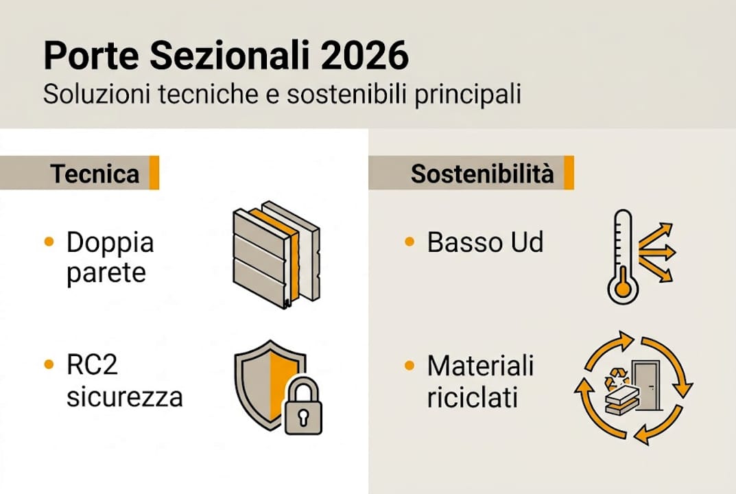 Infografica sulle nuove soluzioni tecnologiche e sostenibili per porte sezionali
