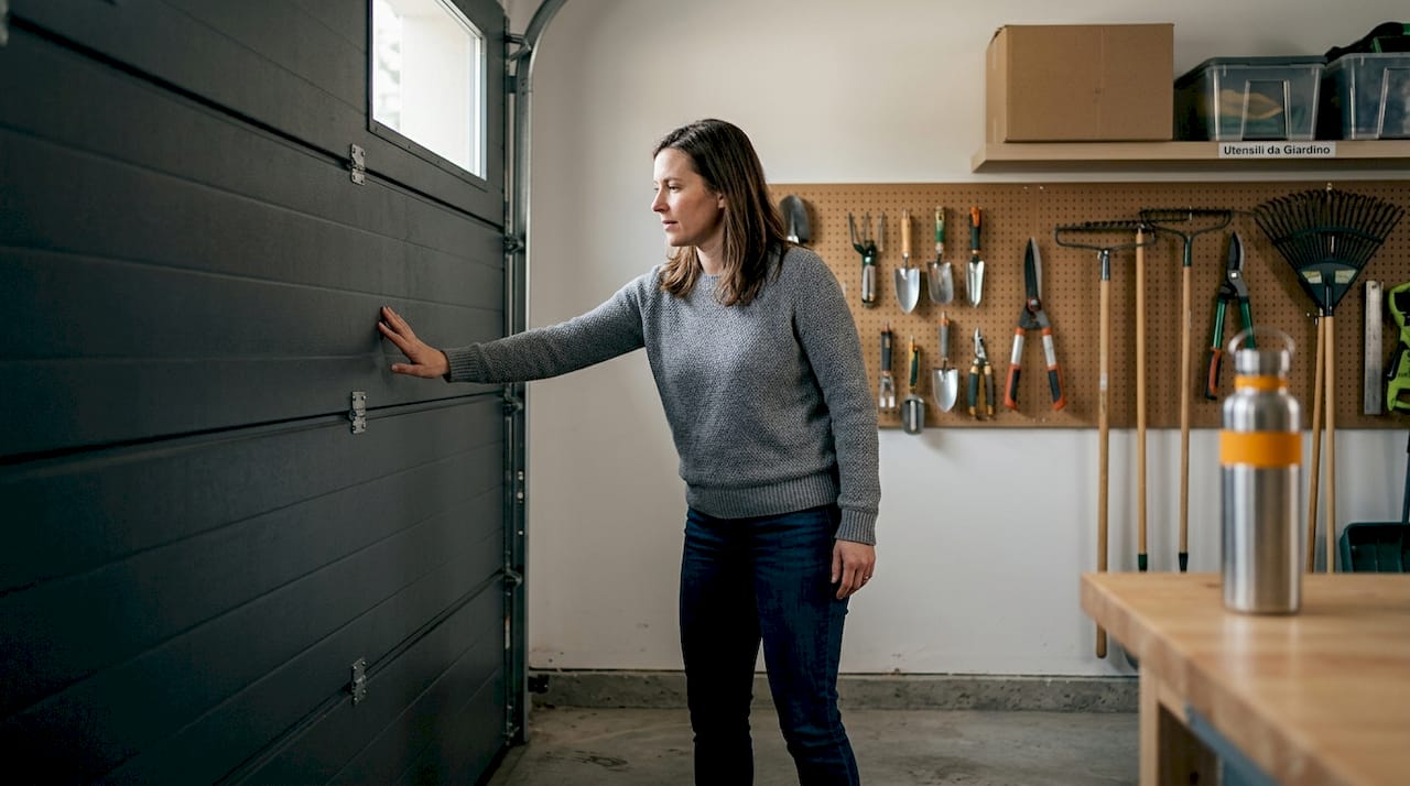 La proprietaria controlla lo stato dell’isolamento della porta del garage.