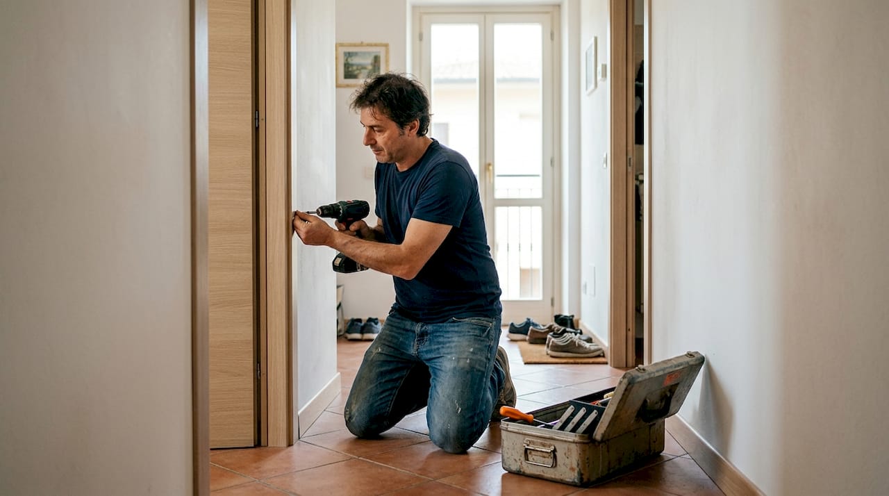 Un tecnico sta montando una porta interna nel corridoio di casa.