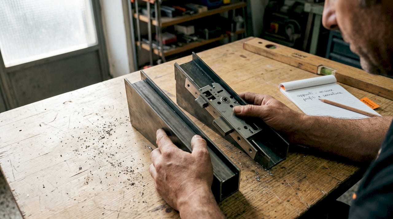 Mani che valutano diversi materiali per una porta blindata