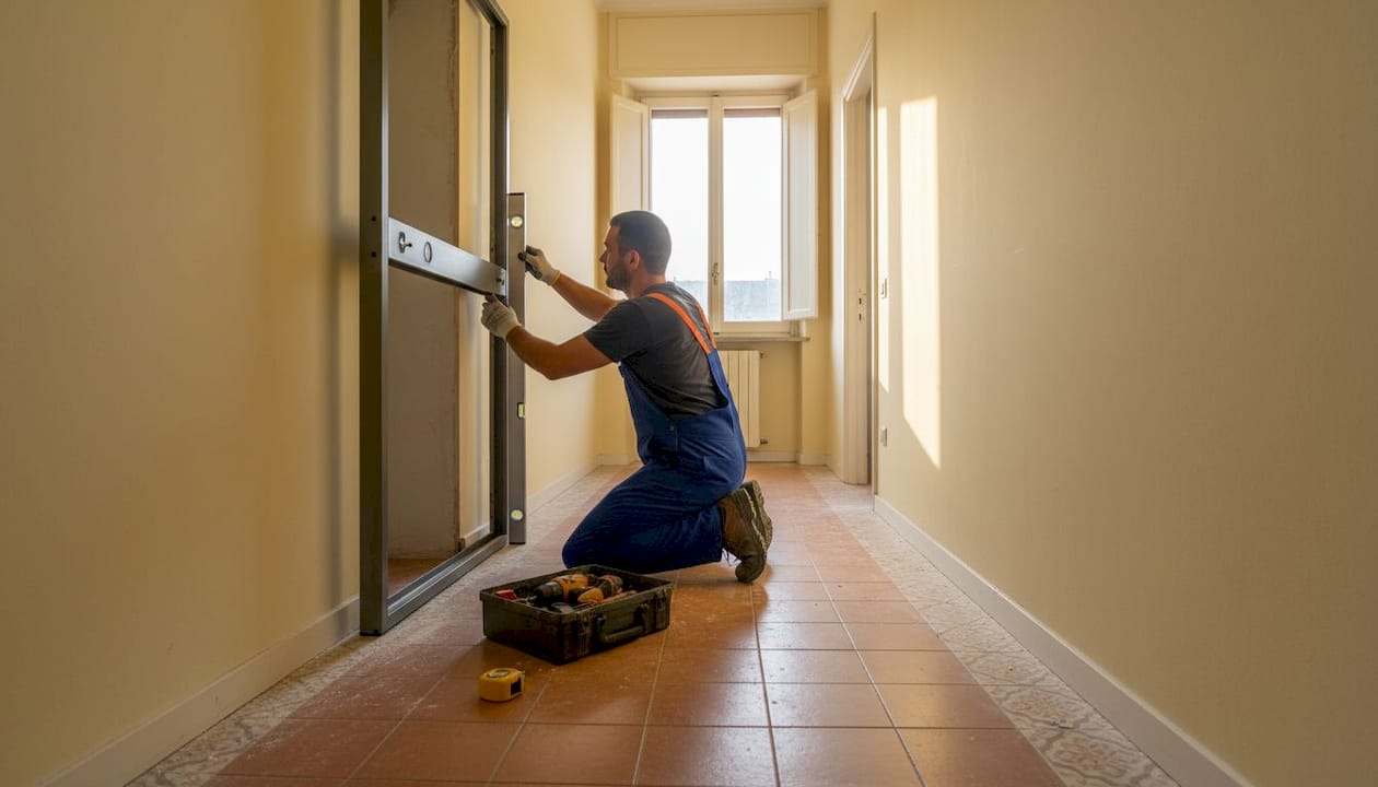 Un tecnico sta installando una porta blindata in un corridoio ben illuminato.