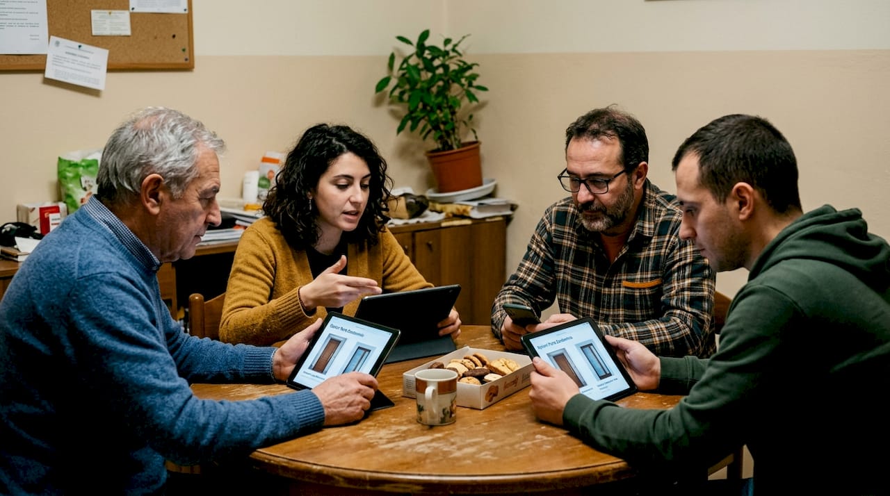 I condomini si confrontano sulle possibili soluzioni per le nuove porte, utilizzando il tablet per valutare insieme le diverse opzioni.