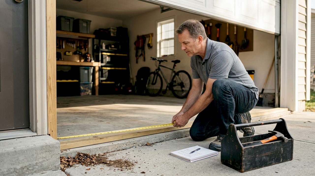 Un uomo prende le misure dell’apertura del garage per installare una nuova porta.