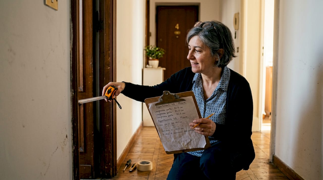 Donna che prende le misure del vano porta per ordinare una porta su misura