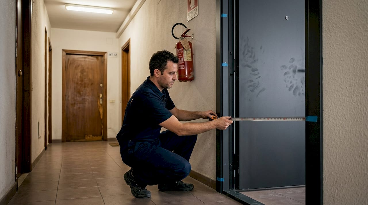 Un tecnico sta installando una porta blindata nel corridoio comune del condominio.