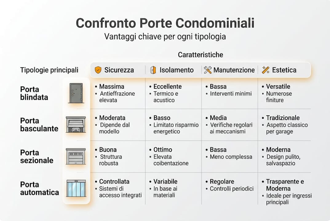 Infografica: confronto tra le principali tipologie di porte per condomini