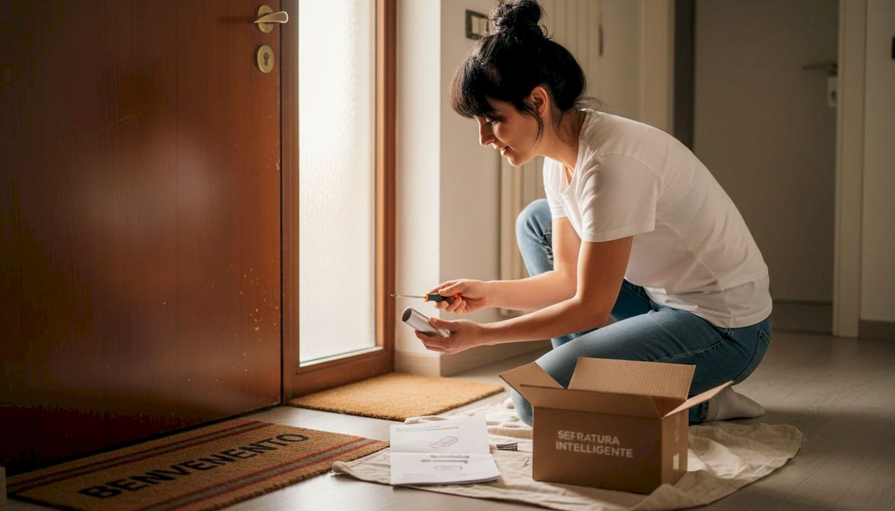 Una donna sta montando una serratura smart sulla porta del suo appartamento.