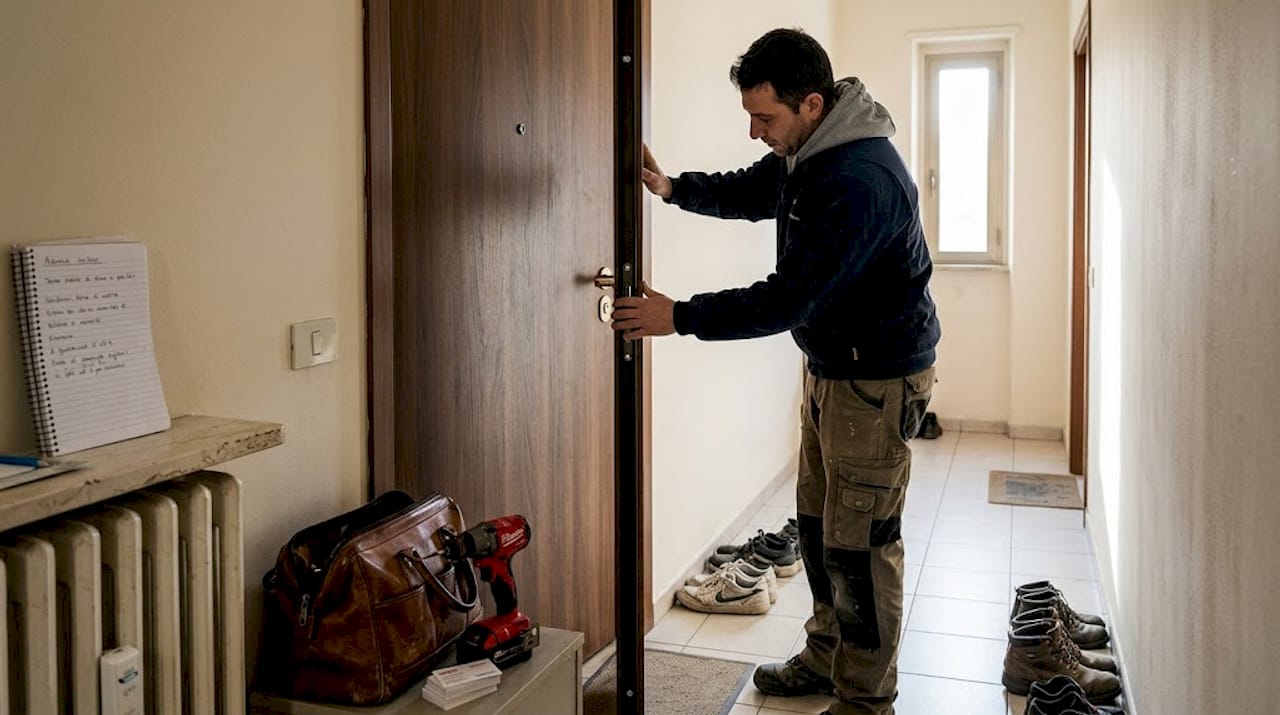 Un tecnico sta verificando che la porta d’ingresso sia perfettamente allineata.