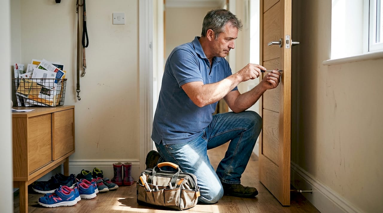 L’installatore regola una porta moderna ad alte prestazioni per l’interno.