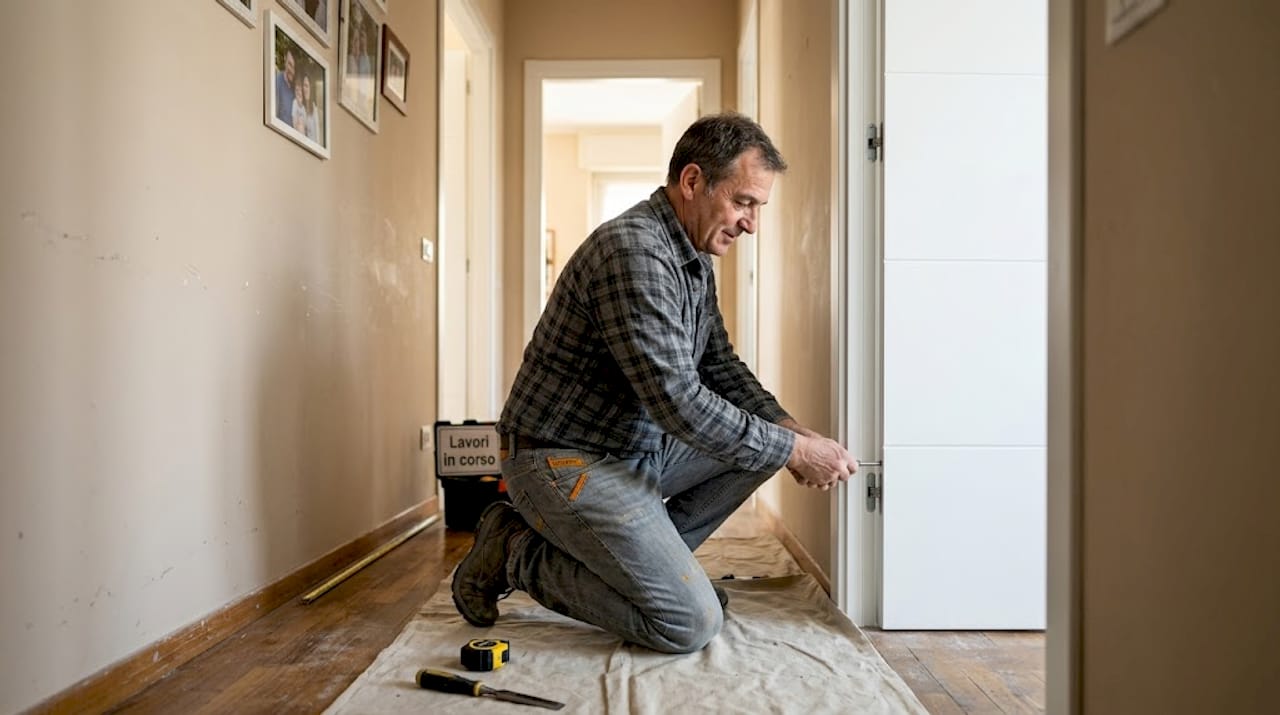 Un falegname sta montando una porta bianca dal design moderno nel corridoio.