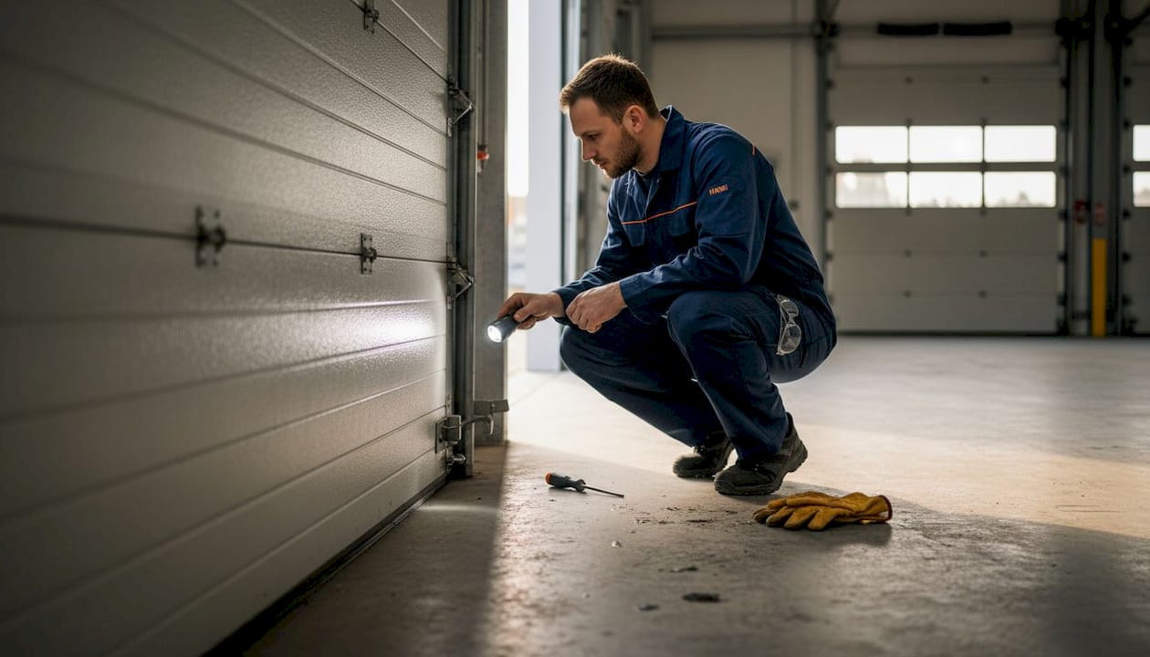 Tecnico al lavoro durante un controllo su una porta sezionale da garage