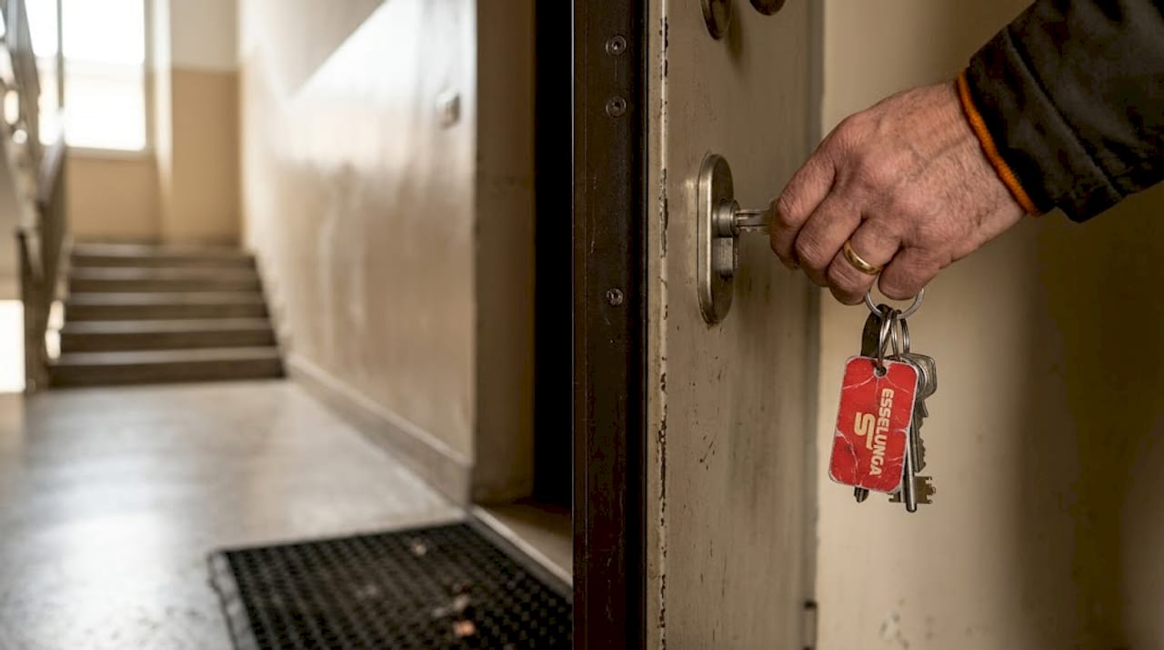 Particolare della chiave e della serratura della porta d’ingresso del condominio