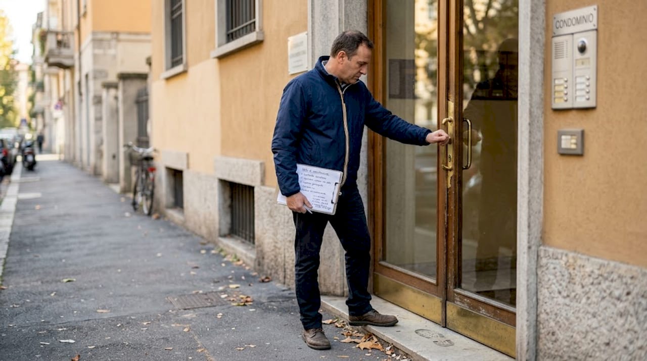 L’amministratore verifica lo stato della porta d’ingresso del condominio.