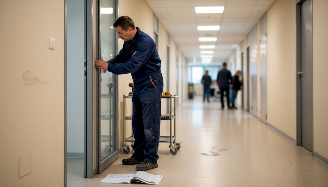 Un tecnico sta montando una nuova porta nel corridoio dell’azienda.