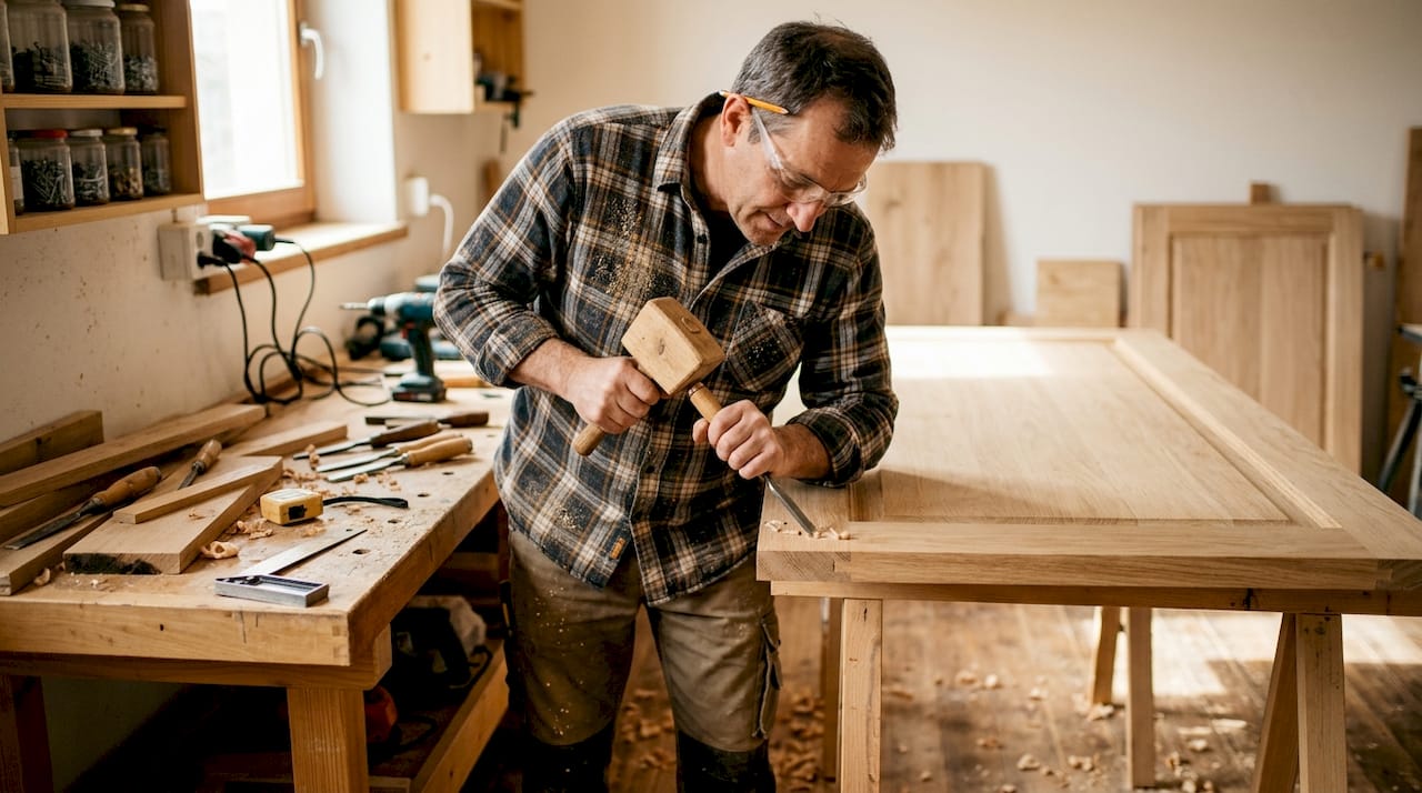 Un artigiano del legno sta lavorando su una porta nel suo laboratorio.