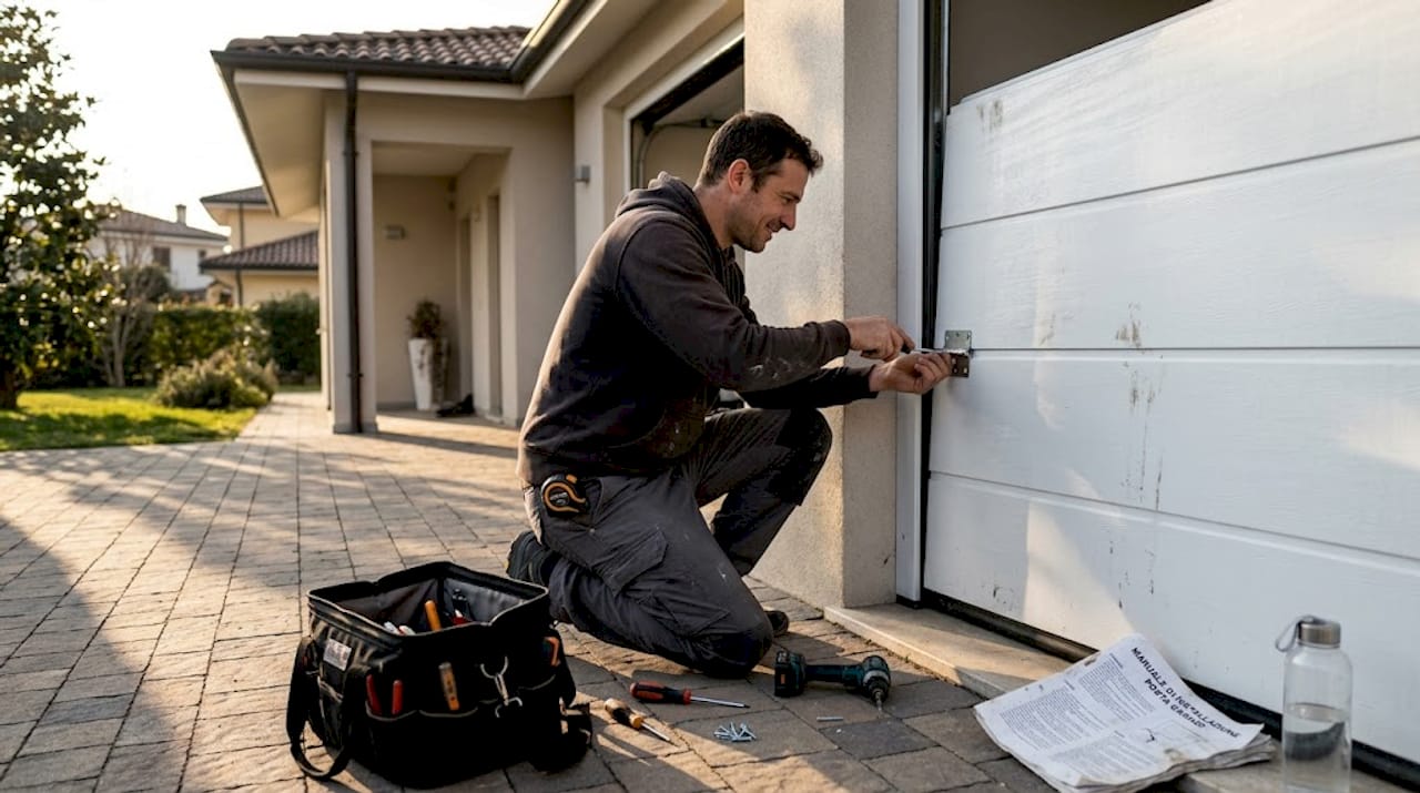Tecnico al lavoro per montare un pannello della porta del garage all’esterno
