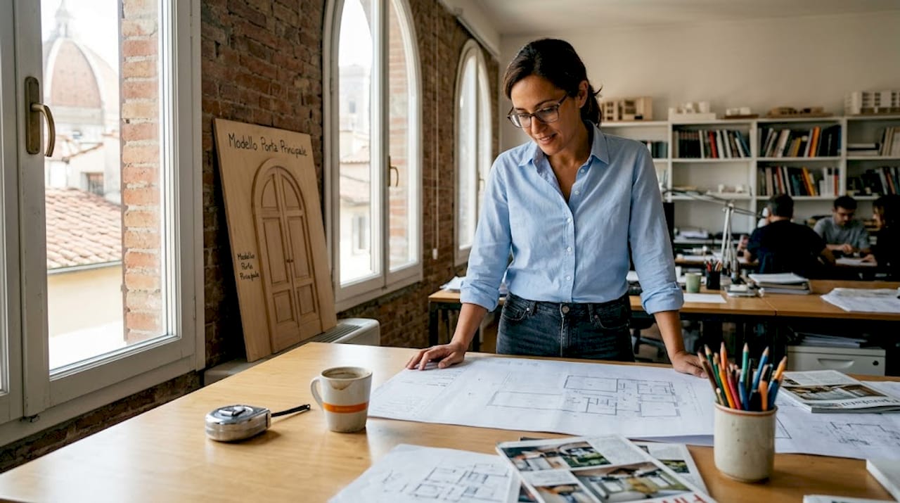 Architetto alle prese con la revisione dei progetti tecnici delle porte nel proprio studio