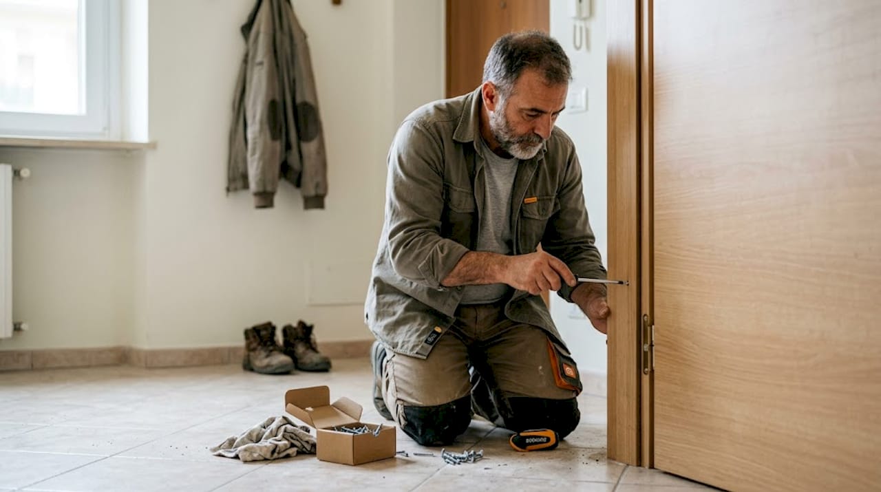 Un artigiano sta montando una nuova porta in un appartamento.