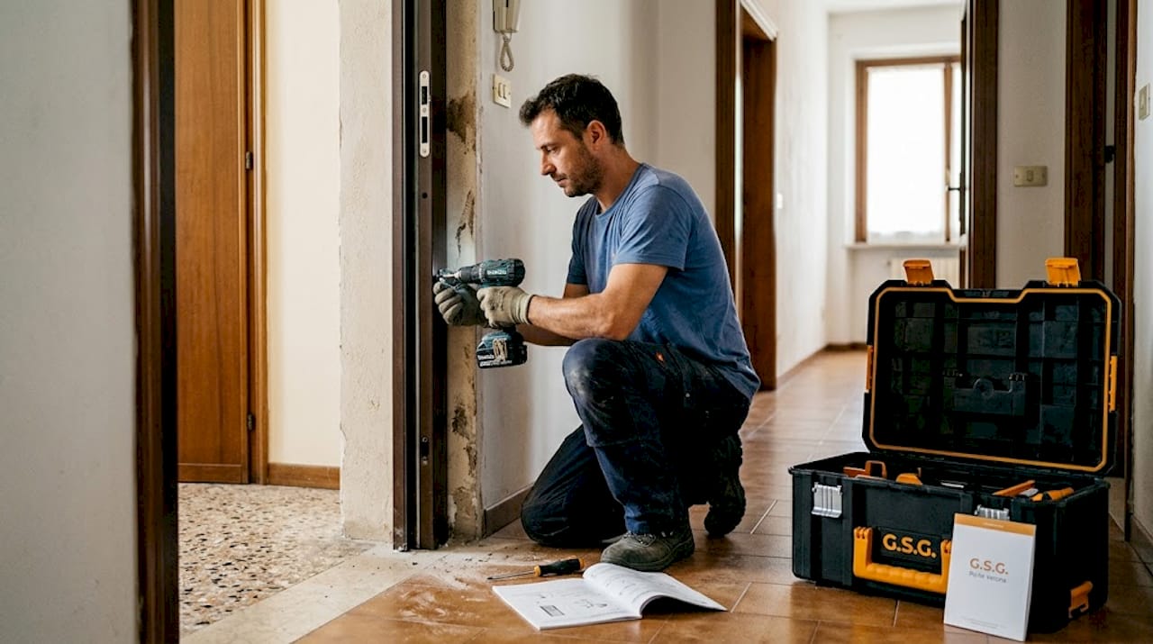 Un esperto installatore sta montando una porta blindata in un appartamento.