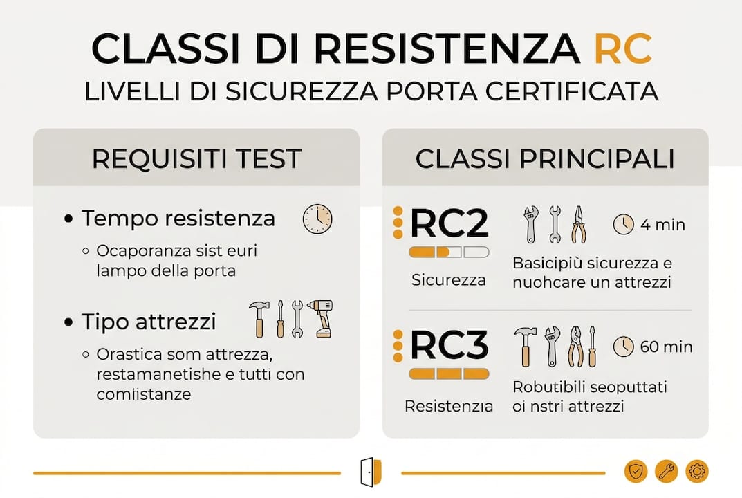 Infografica sulle diverse categorie di resistenza delle porte RC: tutto quello che c’è da sapere sulle classi di sicurezza.